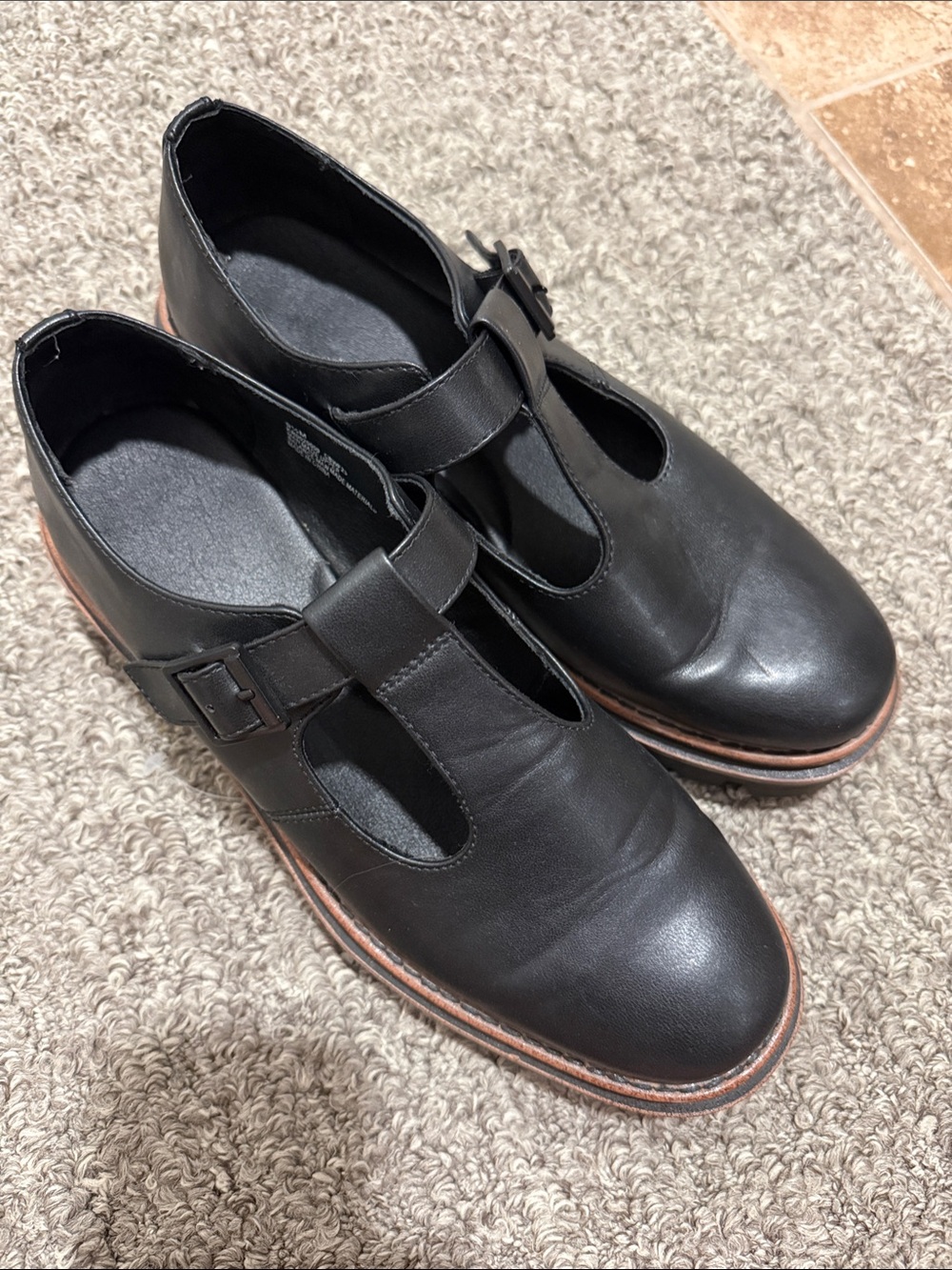 Women's Black Leather Mary Jane Shoes with Buckle Strap